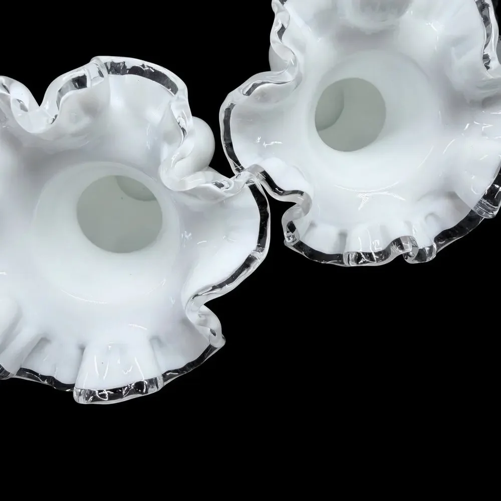 Vtg Fenton White Milk Glass Vase Clear Silver Crest Ruffled Rim Set of 2 Small
